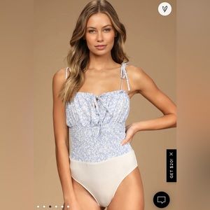 My Very Best Blue Floral Print Smocked Tie-Strap Bodysuit